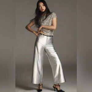 NWT Maeve Metallic Faux Leather Ettie High-Rise Crop Wide-Leg Pant PETITE ONLY